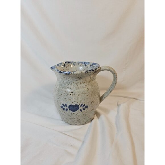 Vintage Speckled Stoneware Creamer Pitcher With Heart & Blue Floral Design - Picture 9 of 9